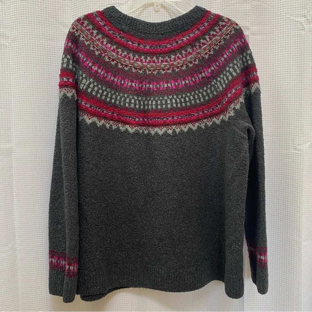 J. Jill Dark Gray Crewneck Sweater with Pink & Red Fair Isle Yoke